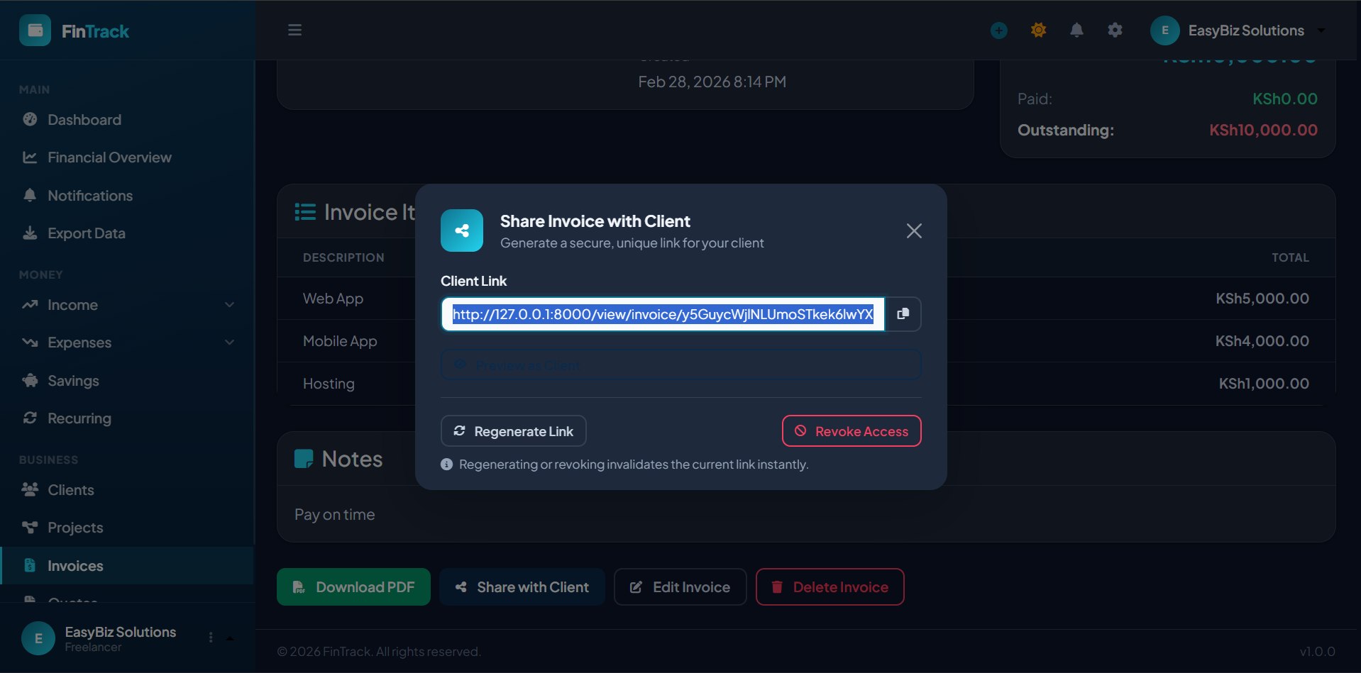 FinTrack Invoice Sharing — share invoices via a unique link
